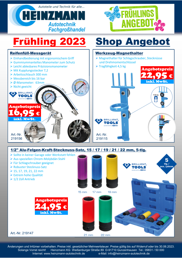 Frühling 2023 - Shop Angebot +++ Brilliant Tools - Reifenfüll-Messgerät +++ Werkzeug-Magnethalter +++ 1/2" Alu-Felgen-Kraft-Stecknuss-Satz, 15 / 17 / 19 / 21 / 22 mm, 5-tlg.