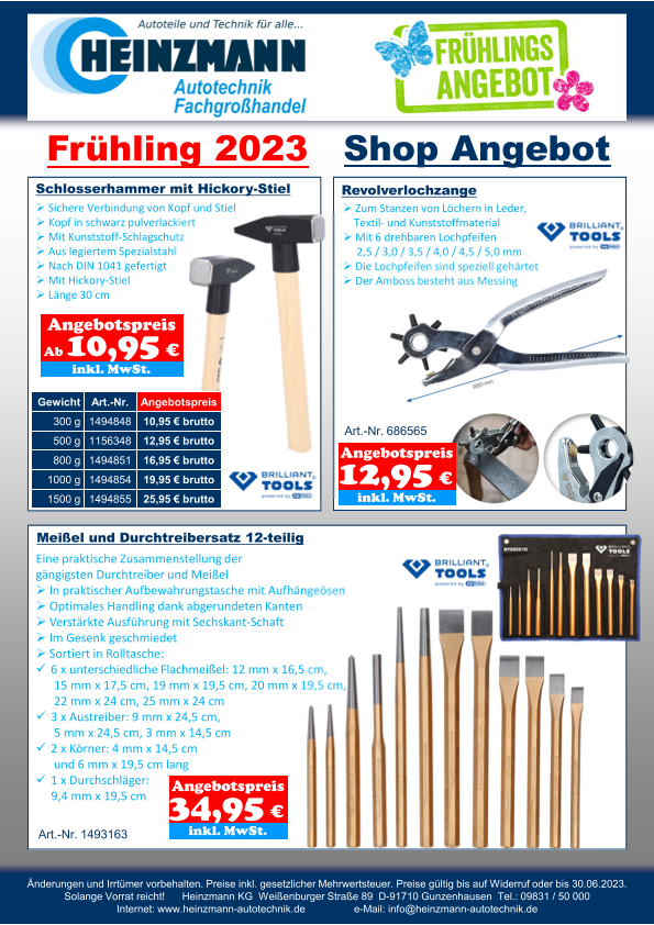 Frühling 2023 - Shop Angebot +++ Brilliant Tools - Schlosserhammer mit Hickory-Stiel +++ Revolverlochzange +++ Meißel und Durchtreibersatz 12-teilig