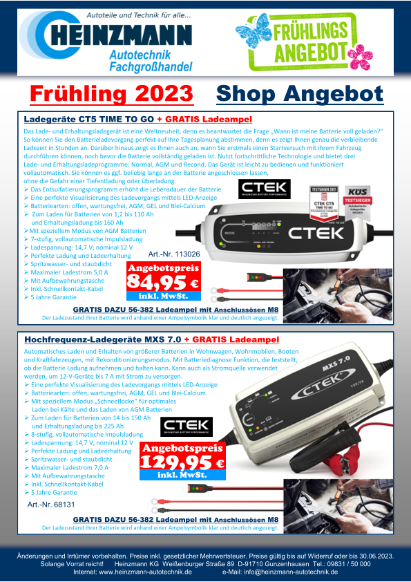 Frühling 2023 - Shop Angebot +++ CTEK - Ladegeräte CT5 TIME TO GO + GRATIS Ladeampel +++ CTEK - Hochfrequenz-Ladegeräte MXS 7.0 + GRATIS Ladeampel